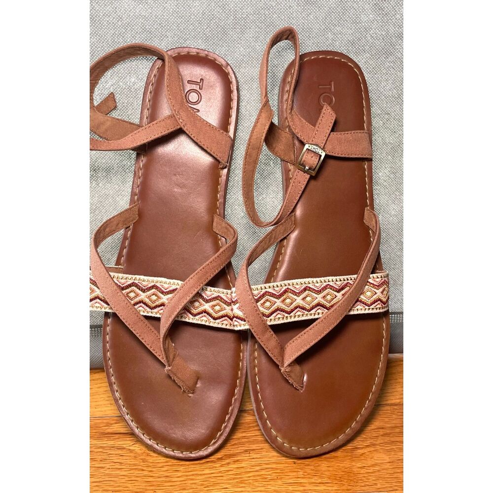 TOMS Women's Size 11 Embroidered Ankle Strap Thong Sandals Brown Boho Flat
